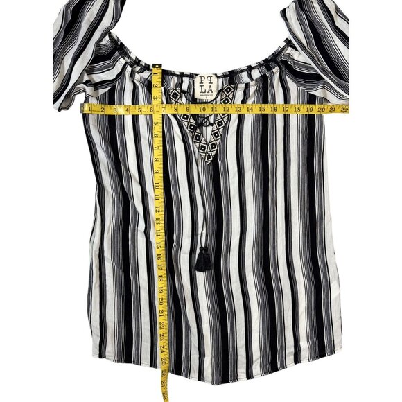 PPLA Blouse Womens Large Black Striped Summer Tunic Boho Peasant White Black - Picture 6 of 9